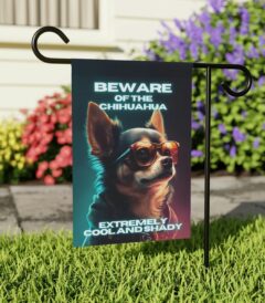 Beware of Chihuahua - Banner For Your Yard A colorful photo of a dog wearing glasses, with the text "Beware of the Chihuahua, extremely cool and shady" written in bold letters.