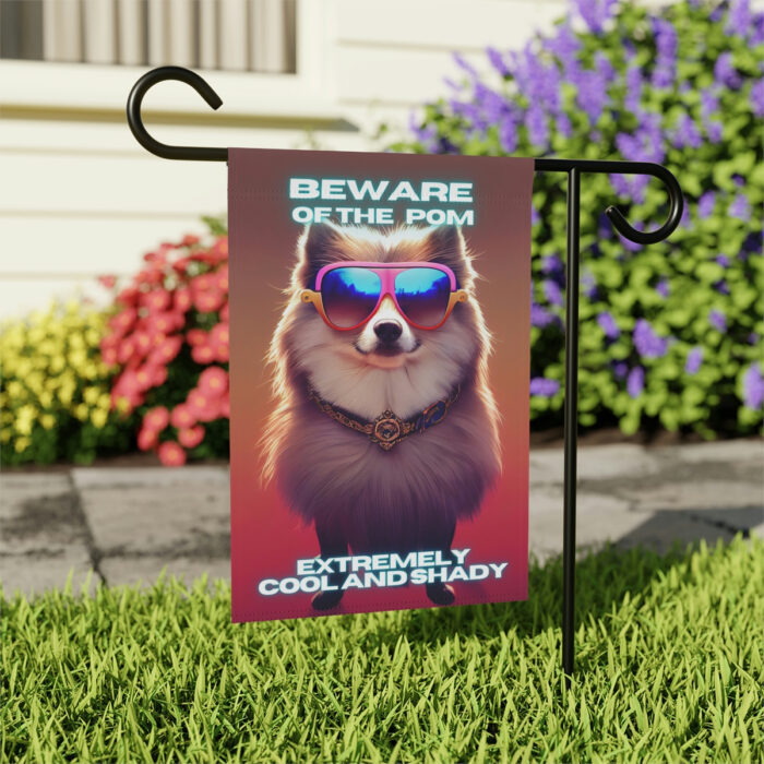 Beware of Pomeranian - Banner For Your Yard A colorful photo of a dog wearing glasses, with the text "Beware of the Pomeranian, extremely cool and shady" written in bold letters.