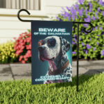 Beware of Dalmatian - Banner For Your Yard A colorful photo of a dog wearing glasses, with the text "Beware of the Dalmatian, extremely cool and shady" written in bold letters.