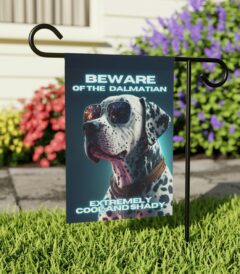 Beware of Dalmatian - Banner For Your Yard A colorful photo of a dog wearing glasses, with the text "Beware of the Dalmatian, extremely cool and shady" written in bold letters.