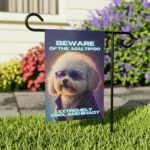 Beware of Maltipoo - Banner For Your Yard A colorful photo of a dog wearing glasses, with the text "Beware of the Maltipoo, extremely cool and shady" written in bold letters.