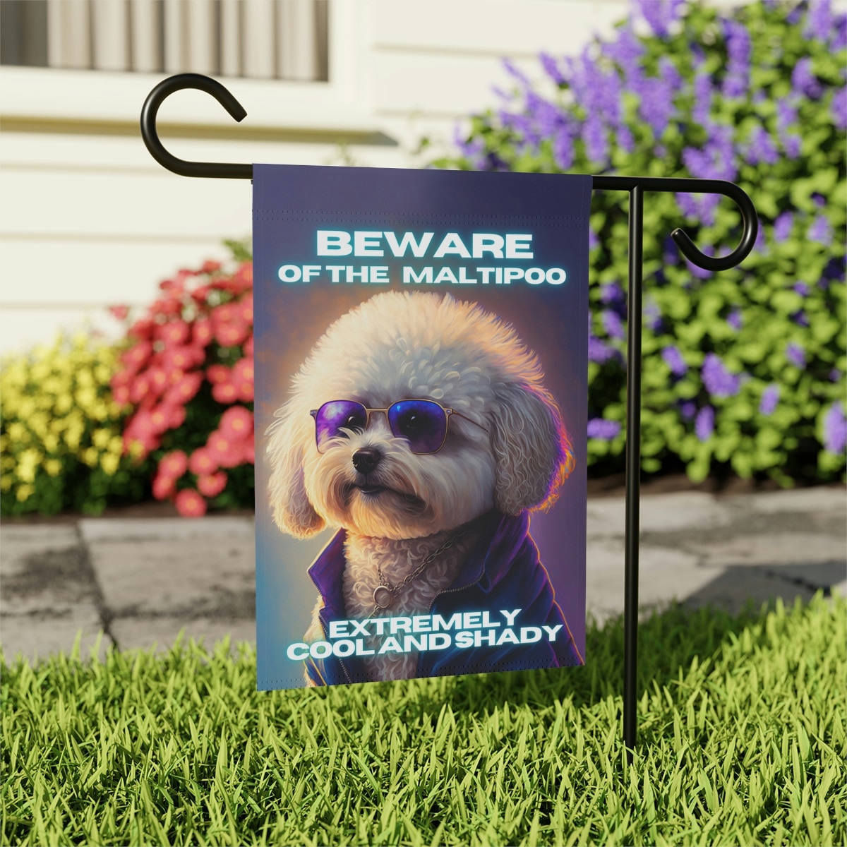 Beware of Maltipoo - Banner For Your Yard A colorful photo of a dog wearing glasses, with the text "Beware of the Maltipoo, extremely cool and shady" written in bold letters.