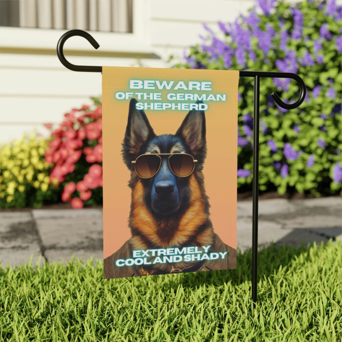 Beware of German Shepherd - Banner For Your Yard A colorful photo of a dog wearing glasses, with the text "Beware of the German Shepherd, extremely cool and shady" written in bold letters.