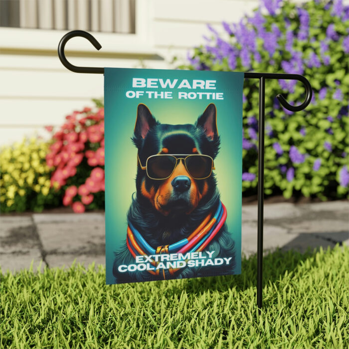 Beware of Rottweiler - Banner For Your Yard A colorful photo of a dog wearing glasses, with the text "Beware of the Rottweiler, extremely cool and shady" written in bold letters.