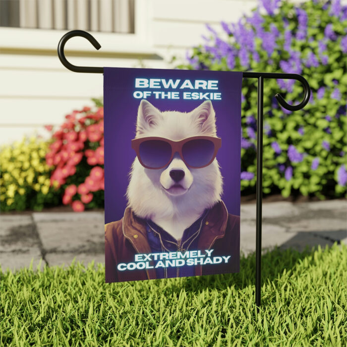 Beware of American Eskimo - Banner For Your Yard A colorful photo of a dog wearing glasses, with the text "Beware of the American Eskimo, extremely cool and shady" written in bold letters.