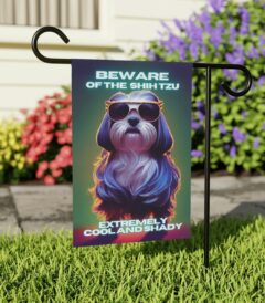 Beware of Shih Tzu - Banner For Your Yard A colorful photo of a dog wearing glasses, with the text "Beware of the Shih Tzu, extremely cool and shady" written in bold letters.