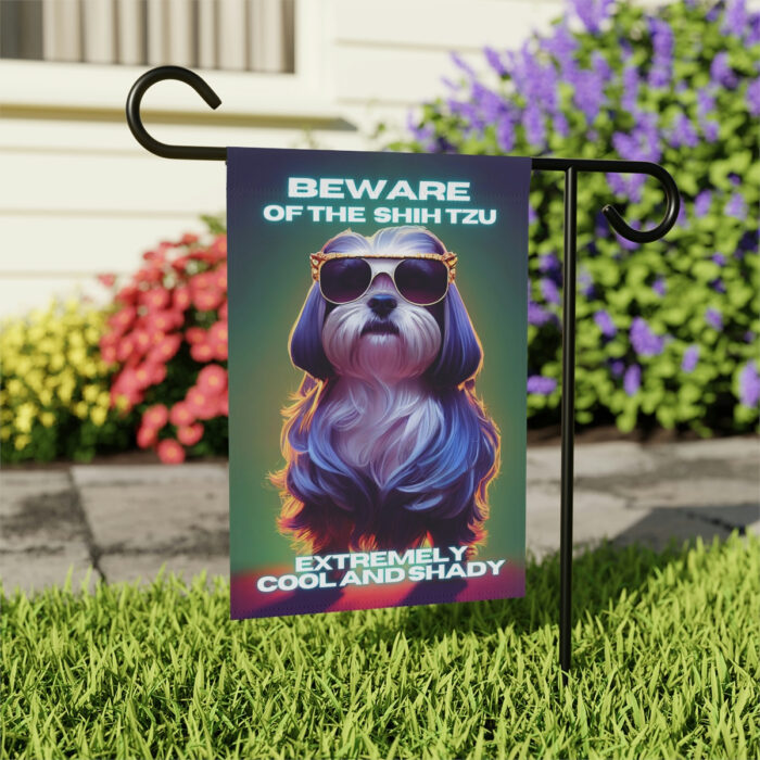 Beware of Shih Tzu - Banner For Your Yard A colorful photo of a dog wearing glasses, with the text "Beware of the Shih Tzu, extremely cool and shady" written in bold letters.
