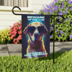Beware of Labrador - Banner For Your Yard A colorful photo of a dog wearing glasses, with the text "Beware of the Labrador, extremely cool and shady" written in bold letters.