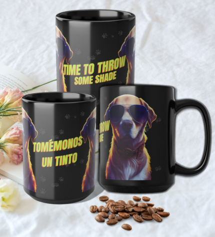 Fun Labrador with Sunglasses Mug 15oz- "Time to Throw Some Shade" or "Tomémonos un Tinto" - Perfect Gift for Coffee Lovers Featuring "Time to Throw Some Shade" in English or "Tomémonos un Tinto" in Spanish. Perfect gift for coffee lovers and dog enthusiasts. Made from high-quality ceramic, dishwasher & microwave safe.