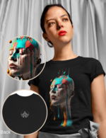 Unique Paint Dripping Doll Design T-shirt This unique t-shirt features the head of a mannequin created with colorful dripping paint. The artistic design is sure to make a statement and add a touch of creativity to your wardrobe.