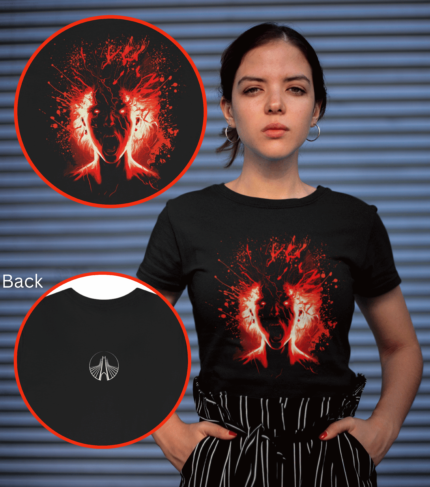 Striking Explosive Man Graphic T-Shirt Unleash your bold style with this unique and eye-catching unisex graphic tee. The black and red design features a man's face exploding into vibrant red lights, creating a striking and unforgettable look.